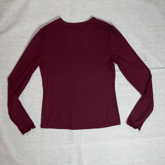 a.n.a | Burgundy Lettuce Edge Long Sleeve Ribbed Top | Small - Picture 2 of 6